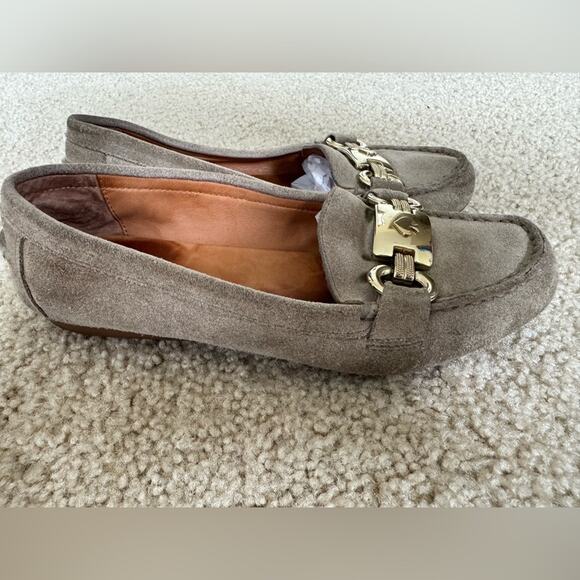 Kate Spade Carson Dark Beige/Gray Suede Loafers Gold Buckle Size 6 - Picture 6 of 14